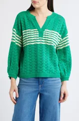 ウィットウィズダム レディース アウター パーカー・スウェット セーター Wit Wisdom Pointelle Stripe Sweater Golf Green Ivory アイボリー
