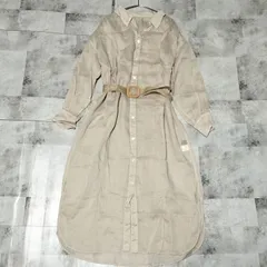 【美品】GREEN LABEL RELAXING リネン混 ベルト付 長袖シャツワンピース FREEサイズ  ベージュ サイドスリット 透け感あり