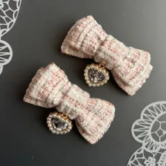 パールハート♡ツイードミニリボン　ピンク　ヘアクリップ  量産型　地雷　ゴスロリ　天使界隈　サブカル　コンカフェ