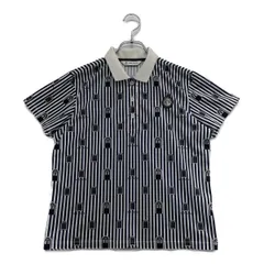 中古 レディース アンパスィ and per se 半袖ポロシャツ M 紺×白 ストライプ 窓柄