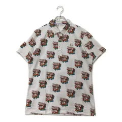 中古 メンズ アンパスィ and per se 半袖ポロシャツ L 白系 ホワイト 総柄 ストライプ ボタンダウン