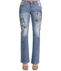 ミスミー レディース ボトムス デニムパンツ ブーツカット ブーツ ジーンズ Miss Me Mid Rise Wraparound Horse Motif Bootcut Jeans Medium Blue ブルー