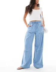 エイソス レディース ボトムス デニムパンツ ワイドレッグ ジーンズ ASOS DESIGN soft wide leg pull on jeans with stitch details in mid Light mid wash ブルー