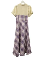 mily bilet 肩開きプリーツブラウスドッキングチェックワンピース 半袖 ロング S ベージュ パープル