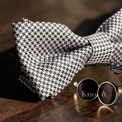 1-1ah 蝶ネクタイ カフス ポケットチーフ 3点セット | メンズ タキシード 結婚式 披露宴 千鳥格子 スーツ シンプル グレー ブラック ネイビー スーツ