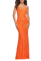 ラフェム レディース トップス ワンピース レース La Femme Lace Prom Dress with Illusion Embellished Sides ineon Colors Orange オレンジ