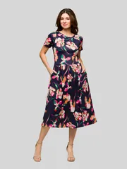 24 セブンコンフォート レディース トップス ワンピース フラワー柄 プリーツ ミディ フラワー 24seven Comfort Apparel Navy Floral Short Sleeve Pleated Flare Midi Pocket Dress