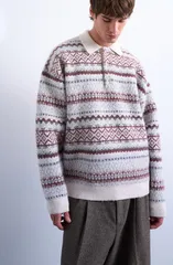 トップマン メンズ アウター パーカー・スウェット ポロシャツ Topman Fair Isle Stripe Long Sleeve Polo Ecru エクリュのサムネイル