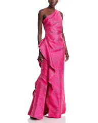 テリジョンバイリッキーフリーマン レディース トップス ワンピース ワンショルダー トール Teri Jon by Rickie Freeman Metallic Jacquard OneShoulder Gown Hot Pink ピンク