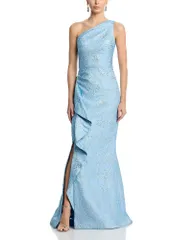 テリジョンバイリッキーフリーマン レディース トップス ワンピース ワンショルダー トール Teri Jon by Rickie Freeman Metallic Jacquard OneShoulder Gown Powder Blue ブルー