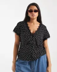 エイソス レディース トップス シャツ ドット柄 レーストリム ドット ブラウス レース ASOS Curve ASOS DESIGN Curve lace trim tea blouse polka dot Black polka dot ブラック