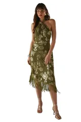 ウエアハウス レディース トップス ワンピース シフォン ミディ トール Warehouse Metallichiffon Wrap Front Midi Dress Olive オリーブのサムネイル