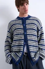 トップマン メンズ アウター パーカー・スウェット クルーネック カーディガン Topman Stripe Fluffy Crewneck Cardigan Medium Blue ブルーのサムネイル