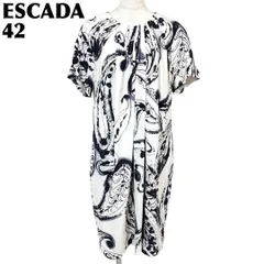 ESCADA 半袖ワンピース 42 白×紺 ペイズリーペイントのサムネイル
