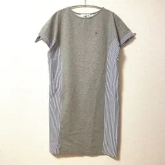アーノルドパーマー ワンピース M 半袖 膝丈 グレー ストライプ 青 ブルー ホワイト 白 切替 刺繍ロゴ 傘マーク 2 古着 チュニック 美品 リボン 無地 ワンピ