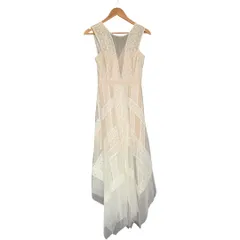 【美品】BCBGMAXAZRIA ビーシービージー 総レース ワンピース ドレス ロングワンピ ミモレ フレア Aライン 結婚式 ベージュ ホワイト 白 レディース0【DD150】