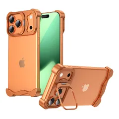 新品 かっこいい iPhone17 Pro Max 用ケース コーナーバンパー 角 保護 レンズカバー スタンド機能 耐衝撃 メタル 衝撃吸収 隠しスタンド メタル ケース 男性， オレンジ