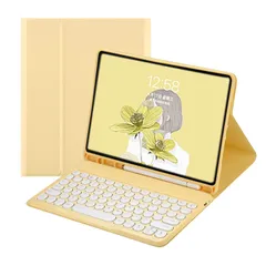 【特価商品】イエロー 全面保護 ペンシル収納 丸型キー 分離式 iPad第5/6世代/Pro9.7/Air2/Air兼用bluetoothキーボード付きケース iPad9.7キーボードケース