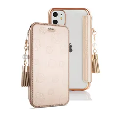 iPhone12 ケース おしゃれ 背面クリア 対応6.1インチ iPhone 12 pro ケース 花柄 女性専用 化粧鏡付き タッセル付き が溢れる仕様 iPhone12カバー 可愛い プライバシー 耐久性 薄型 軽い メッキ加工 ゴールド