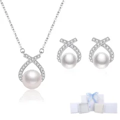 【新品】 [Free bird] パール ネックレス ピアス セットレディース クロス ペンダント 真珠 ピアス セット シルバー925 金属アレルギー対応 女性 ジュエリー 誕生日 母の日 プレゼント 母の日 ギフト 入学式 卒業式 1