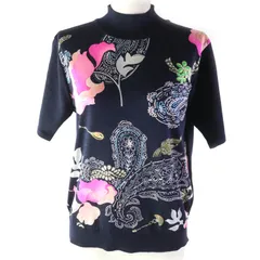美品★LEONARD FASHION レオナール ファッション フラワー ペイズリー柄 シルク混 ウール ハイネック 半袖ニット ネイビー マルチ L 日本製 正規品 レディース