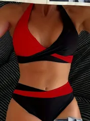 【レッド】モノトーン バイカラー ビキニ 水着 レディース ハイウエスト クロスデザイン セクシー 韓国風 体型カバー 夏 海 プール スタイルアップ