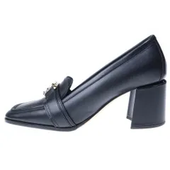 JIMMY CHOO (ジミーチュウ) JCロゴバックル レザー スクエアトゥ ヒール ローファー シューズ ブラック レディース