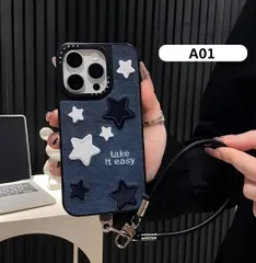 刺繍スター ストラップ付き iPhone17 Pro Max ケース スマホケース iPhone16 Pro / 15 / 14 / 13対応