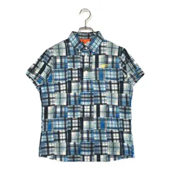 中古 レディース ビームスゴルフ BEAMSGOLF 半袖ポロシャツ L 青系 ブルー系 ボタンダウン チェック パッチワーク風