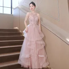 パーティードレス イブニングドレス　ホルターネックドレス 結婚式ドレス 披露宴 演奏会　ピンク