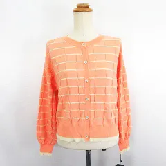 QUAREE C’est la vie ニット カーディガン 長袖 丸首 ボーダー パッチワーク風 M オレンジ ※EKM
