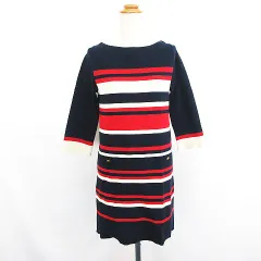 ストロベリーフィールズ STRAWBERRY-FIELDS ニット ワンピース チュニック 七分袖 ラウンドネック ひざ丈 マルチボーダー ネイビー×レッド×ベージュ ※EKM