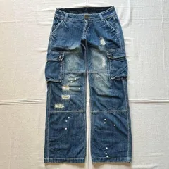 00s　archive　当時物　LB-03　ダメージ加工　ワイドシルエット　カーゴパンツ　デニム　ジーンズ　ペイント　ジャマイカ　マチ付フラップポケット　大麻ロゴ　Y2K　グランジ　平成ギャル　Jamaica design cargo wide denimのサムネイル