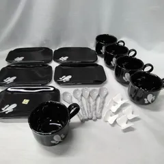 まるほんとーき カップ＆ソーサー、陶器のスプーン、スプーン置き 5セット 和風で、落ち着きがあります W084