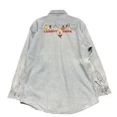 90s ワーナーブラザーズ ルーニーテューンズ 刺繍 デニムシャツ M ゆるだぼ 古着 ヴィンテージ WB STUDIO STORE キャラクター バックスバニー タズ ダフィーダック 長袖シャツ ライトブルー / IA379のサムネイル