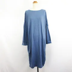 mili an deni ニット ワンピース チュニック 長袖 ドロップショルダー ボートネック ロング丈 M ブルー ※EKM