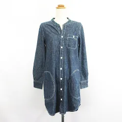 ビームスハート BEAMS HEART シャツワンピース チュニック 長袖 バンドカラー スキッパー ひざ丈 シャンブレー F インディゴ ※EKM