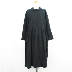 blue willow シャツワンピース チュニック 長袖 ロング丈 プルオーバー チェック 麻混 F ブラック×グレー ※EKM