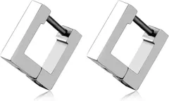 AREUM ピアス メンズ レディース 四角 リング フープ 両耳用2つ入り スクエア ＊ 金属アレルギー ステンレス 人気ファッション (シルバー)