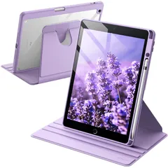 回転ケース iPad 9/8/7 (10.2インチ、2021/2020/2019モデル、第9/8/7世代用) JETech Pencilホルダー付き 360°保護 スタンドカバー クリアバック 自動ウェイク/スリープ (ライトパープル)
