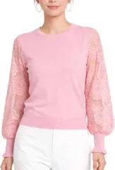 Blisvia レース袖 トップス 長袖 ふんわり 体型カバー 上品見え きれいめ 大人カジュアル レディース (ピンク,  Free Size)