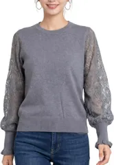 Blisvia レース袖 トップス 長袖 ふんわり 体型カバー 上品見え きれいめ 大人カジュアル レディース (グレー,  Free Size)