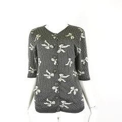 ピンクハウス PINK HOUSE カーディガン ニット リボン ドット柄 7分袖 M グレー オフホワイト