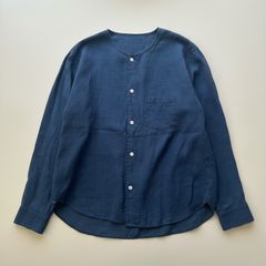ティッカ 麻100% リネンノーカラーシャツ 青 ゆったり 日本製 バンド 