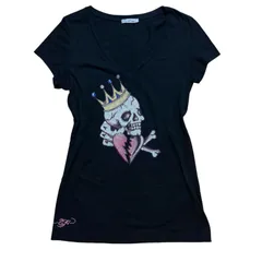 Ed Hardy エドハーディ ドクロＶネックTシャツ ラインストーン ロゴ ハート ブラック 平成ギャル Y2K