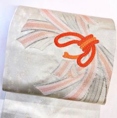 名古屋帯 刺繍 束ね熨斗 紐 白地 銀糸 着物 021tz - メルカリ