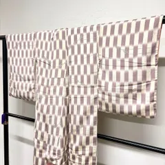 小紋　ちりめん　縮緬　ラメ糸　変わり市松　リーフ模様　羽根模様　着物　022tz