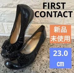 【新品未使用】ファーストコンタクト★FIRST CONTACT ビジュー リボン ウエッジソール 23.0 日本製 ブラック 雨の日対策 コンフォートシューズ フラットパンプス バレーシューズ ビジュー装飾
