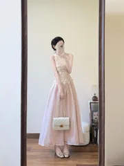 送料無料 ドレス ワンピース レディース 夏 高見え レース 結婚式 パーティー 誕生日 ドレス ロングスカート Aライン ギャザー ウエスト 絞り ノースリーブ ラウンドネック シャンパン S M L かわいい 上品