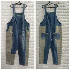 L デニム ストライプ バイカラー オールインワン